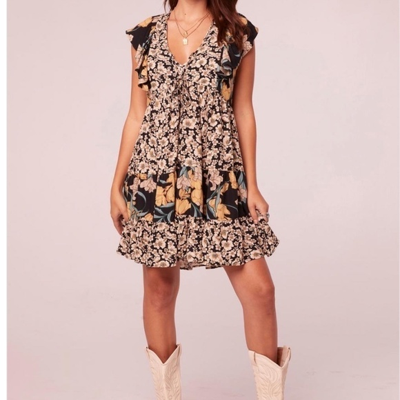 Western Boho Chic Bohemian Shila Mixed Floral Flowy Mini Dress • size Medium NWT - Picture 1 of 4